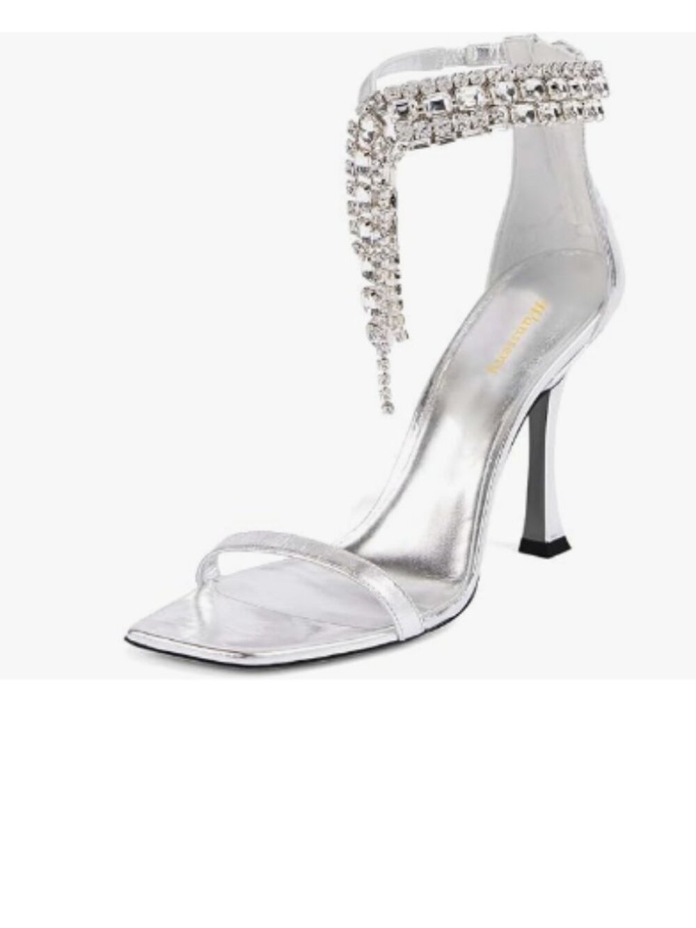 Wansseny Silver Gorgeous Rhinestone Ankle Strap Open Square Toe Sandals Back Zip